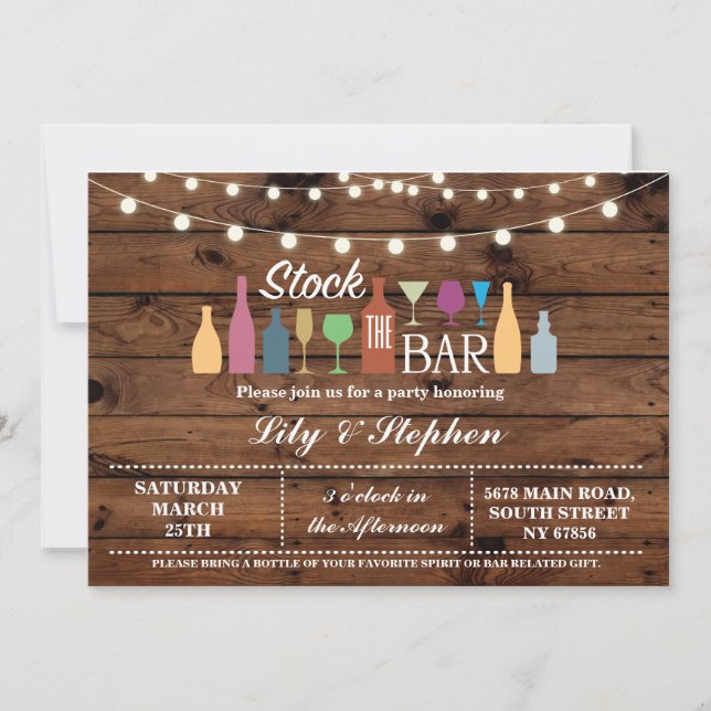 Stock The Bar Wood Engagement Shower Invitation (Front)