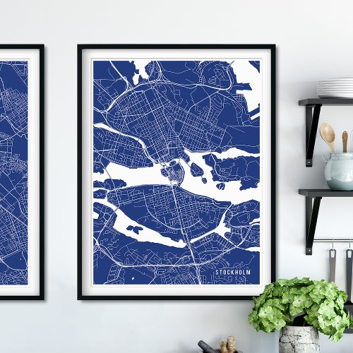 Stockholm Map Simple Navy Blue Line Map Poster