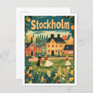 Stockholm Sweden Art Vintage Travel Illustration Postcard