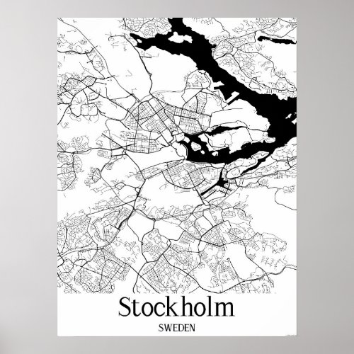 Stockholm Sweden Black and White Europe City Map Poster