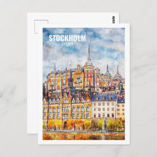 Stockholm Sweden Famous Travel Watercolor Sketch Postcard