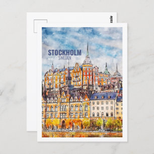 Stockholm Sweden Famous Travel Watercolor Sketch Postcard