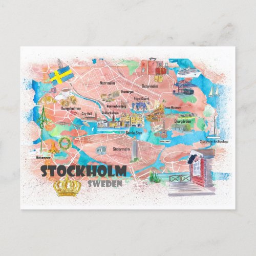 Stockholm Sweden Illustrated Map Postcard