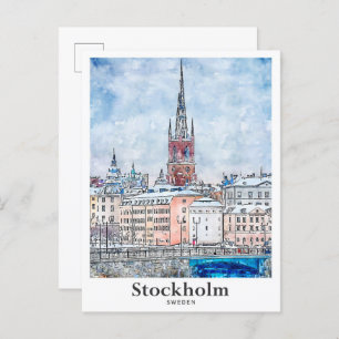 Stockholm Sweden Travel Watercolor Hand Drawn Postcard