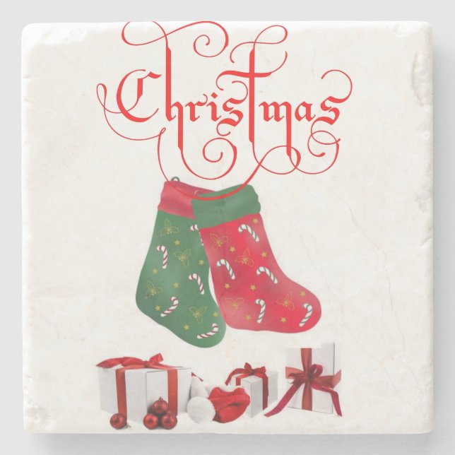 Stocking Marble Stone Coaster Christmas (Front)