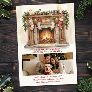 Stocking on the Mantel Christmas Photo Baby Reveal Holiday Card