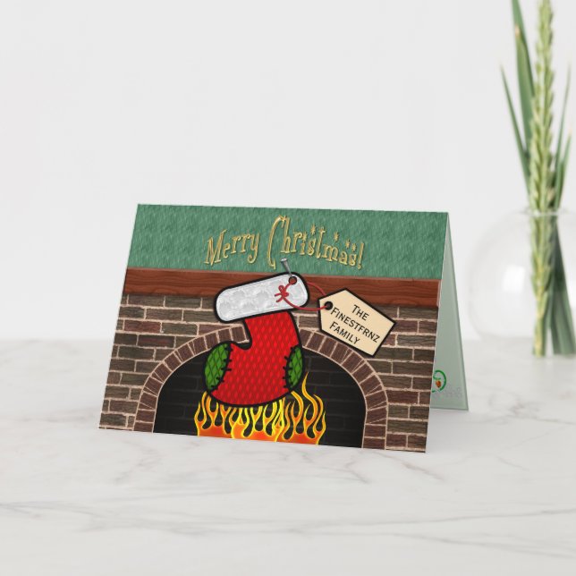 Stocking Over Fireplace (Personalized) Holiday Card (Front)