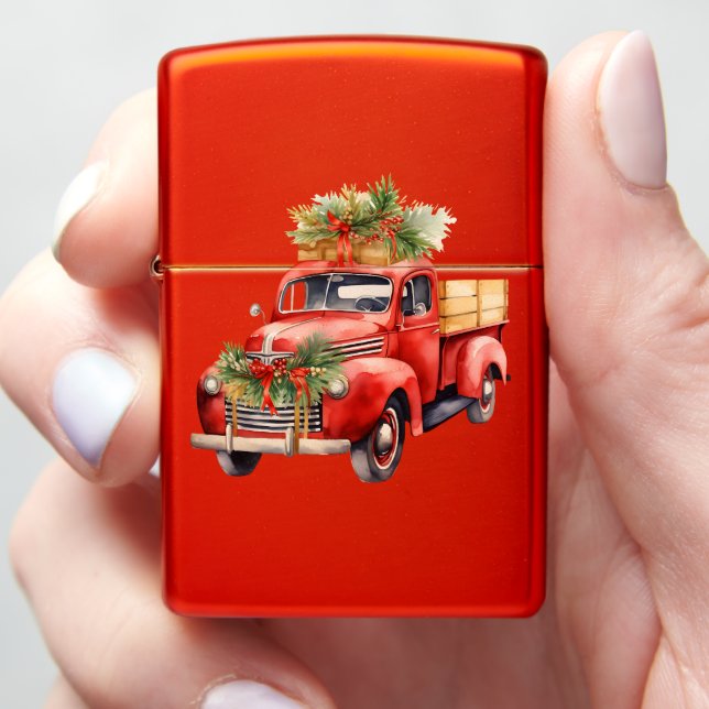 Stocking Stuffer Pickup Truck & Tree on Red Gift Zippo Lighter (In Hand)