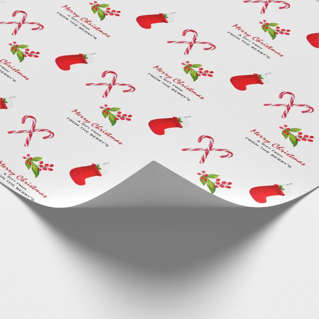 Stockings, Candy cane & Holly berry Christmas Wrapping Paper (Corner)