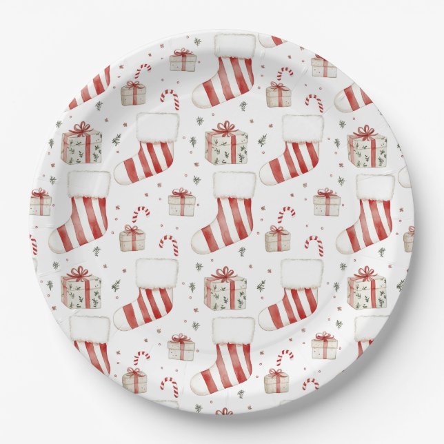 Stockings Candy Canes Presents Festive Christmas Paper Plates (Front)