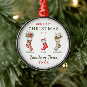 Stockings Family of Three First Christmas Metal Ornament