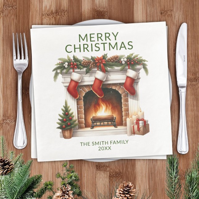 Stockings Fireplace Green Christmas Party Paper Dinner Napkins (Creator Uploaded)