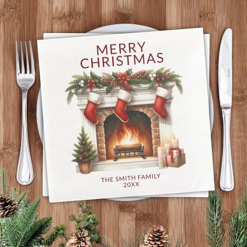 Stockings Fireplace Red Christmas Party Paper Dinner Napkins