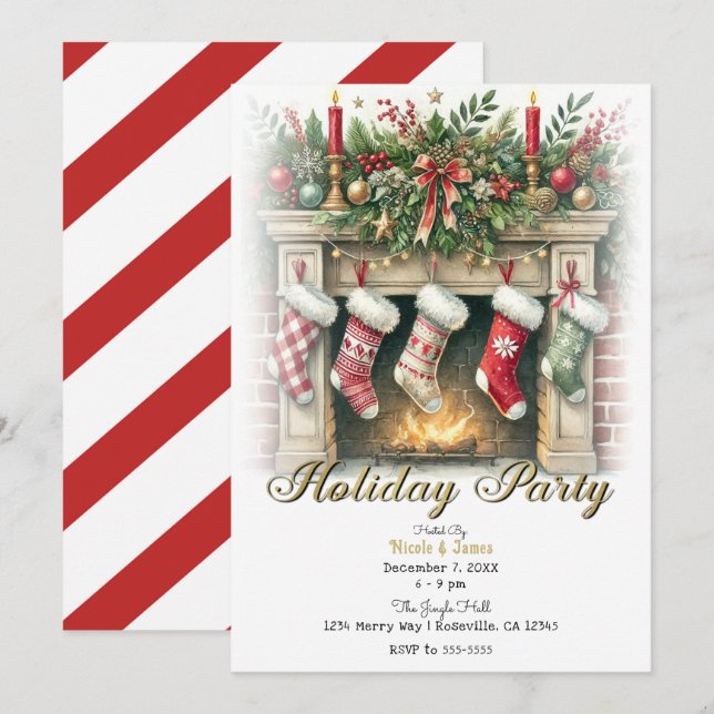 Stockings Hung by the Fireplace Holiday Party Invitation (Front/Back)