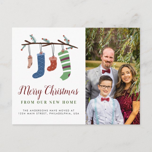 Stockings Merry Christmas New Home Family Moving Announcement Postcard (Front)