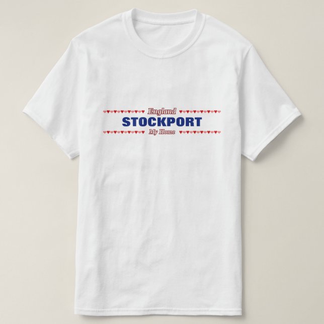 STOCKPORT - My Home - England; Red & Pink Hearts T-Shirt (Design Front)