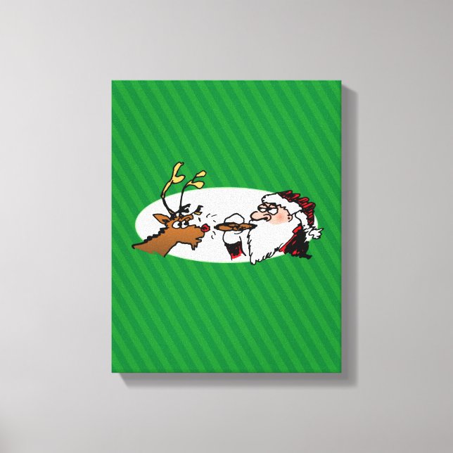 Stogie Santa and Reindeer on Green Stripes Canvas Print (Front)
