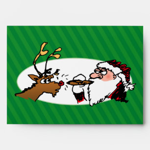 Stogie Santa and Reindeer on Green Stripes Envelope