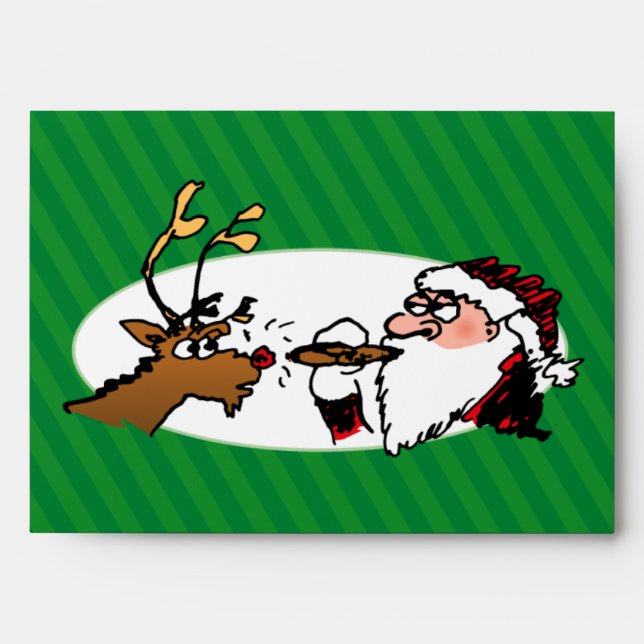 Stogie Santa and Reindeer on Green Stripes Envelope (Front)