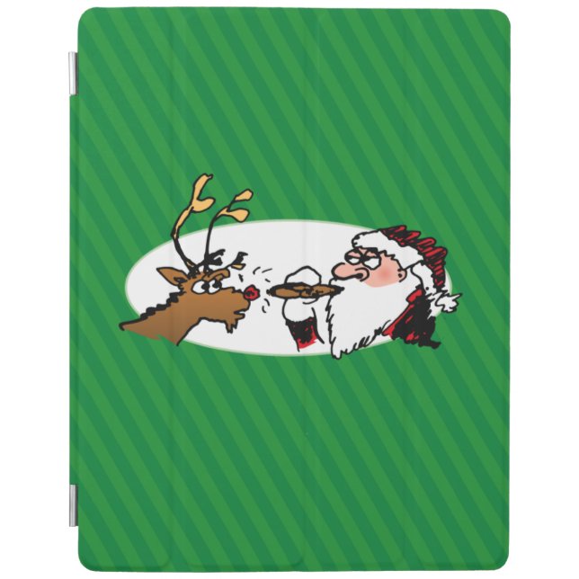 Stogie Santa and Reindeer on Green Stripes iPad Smart Cover (Front)