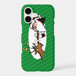 Stogie Santa and Reindeer on Green Stripes iPhone 17 Case
