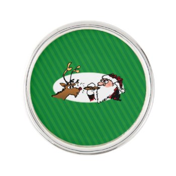 Stogie Santa And Reindeer On Green Stripes Lapel Pin by BastardCard at Zazzle