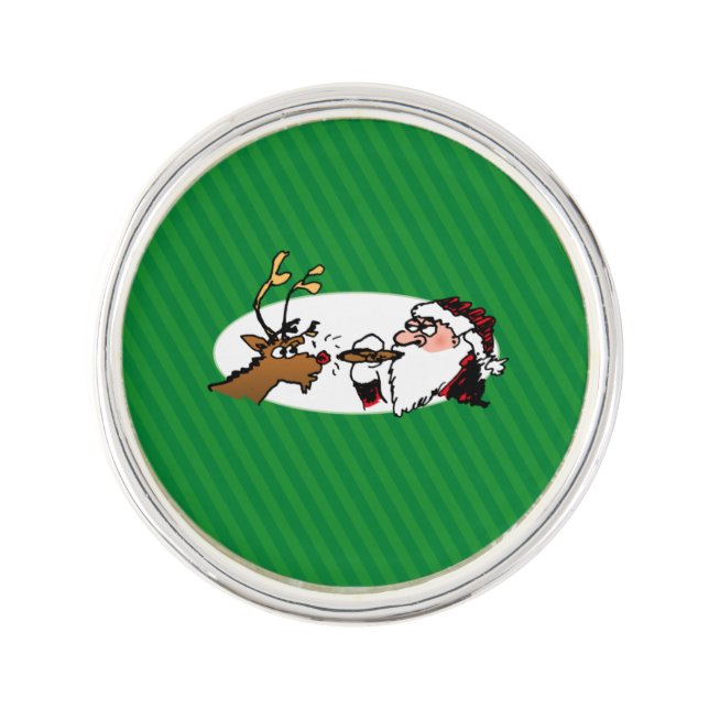 Stogie Santa and Reindeer on Green Stripes Lapel Pin (Front)