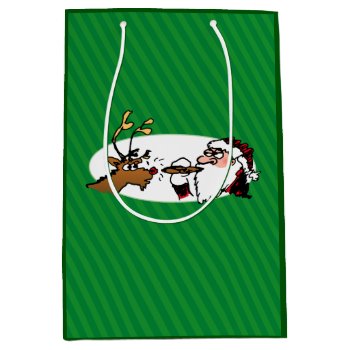 Stogie Santa And Reindeer On Green Stripes Medium Gift Bag by BastardCard at Zazzle
