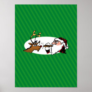 Stogie Santa and Reindeer on Green Stripes Poster