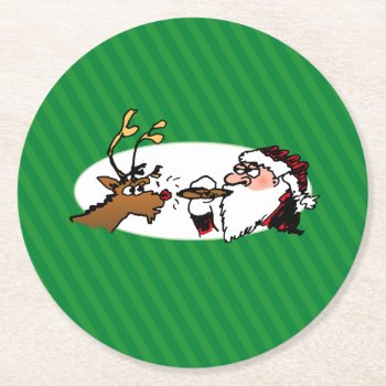Stogie Santa And Reindeer On Green Stripes Round Paper Coaster by BastardCard at Zazzle