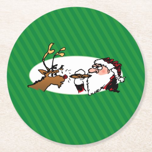 Stogie Santa and Reindeer on Green Stripes Round Paper Coaster