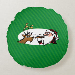 Stogie Santa and Reindeer on Green Stripes Round Pillow