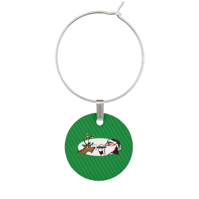 Stogie Smoking Santa Funny Green Stripe Christmas Wine Glass Charm (Front)