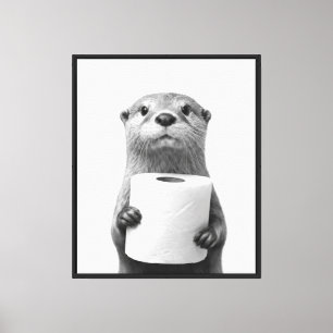 Stoic Otter Holding Toilet Paper Roll Black White Canvas Print