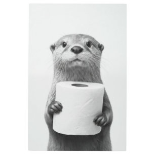 Stoic Otter Holding Toilet Paper Roll Black White Metal Print