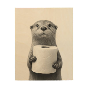 Stoic Otter Holding Toilet Paper Roll Black White Wood Wall Art