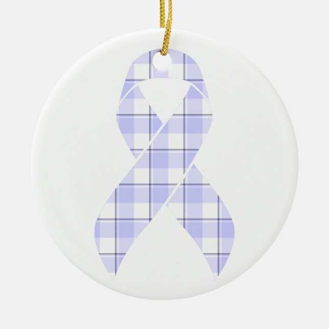 Stomach Cancer Awareness Plaid Periwinkle Ribbon Ceramic Ornament (Front)