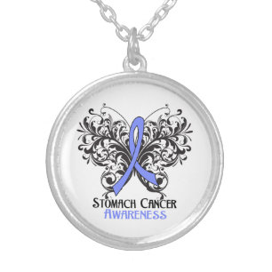 Stomach Cancer Flourish Butterfly Ribbon Silver Plated Necklace
