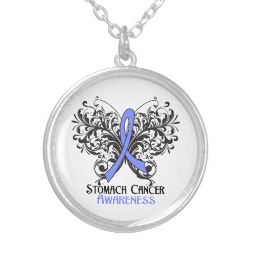 Stomach Cancer Flourish Butterfly Ribbon Silver Plated Necklace