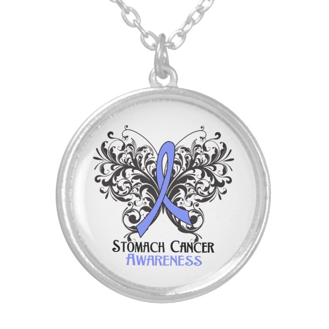 Stomach Cancer Flourish Butterfly Ribbon Silver Plated Necklace (Front)