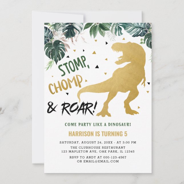 Stomp and Chomp Gold Dinosaur Birthday Invitation (Front)