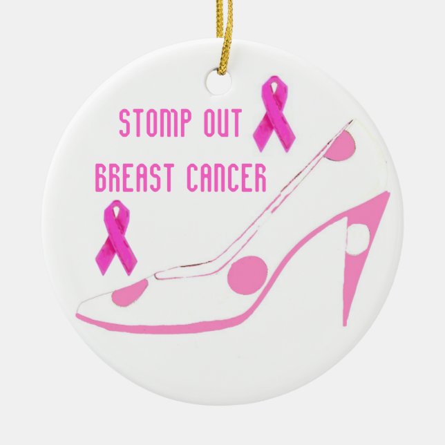 Stomp Breast Cancer  with Pink Ribbon High Heels Ceramic Ornament (Front)