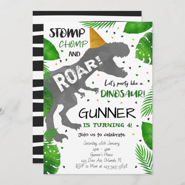 Stomp, Chomp and Roar! Dinosaur Birthday Invite (Front/Back)