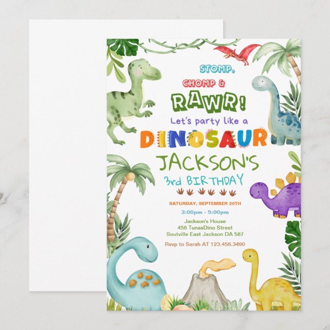 Stomp, Chomp and Roar! Dinosaur Birthday Party  Invitation (Front/Back)