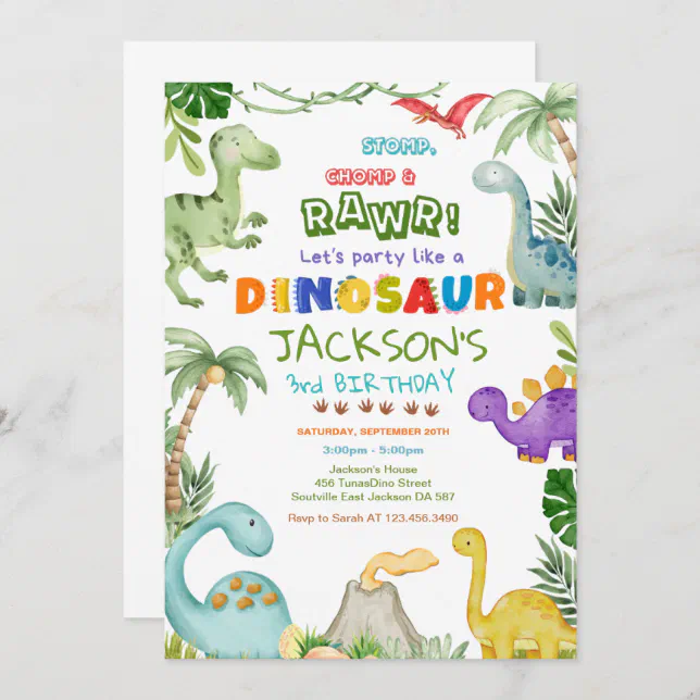 Stomp, Chomp and Roar! Dinosaur Birthday Party Invitation | Zazzle