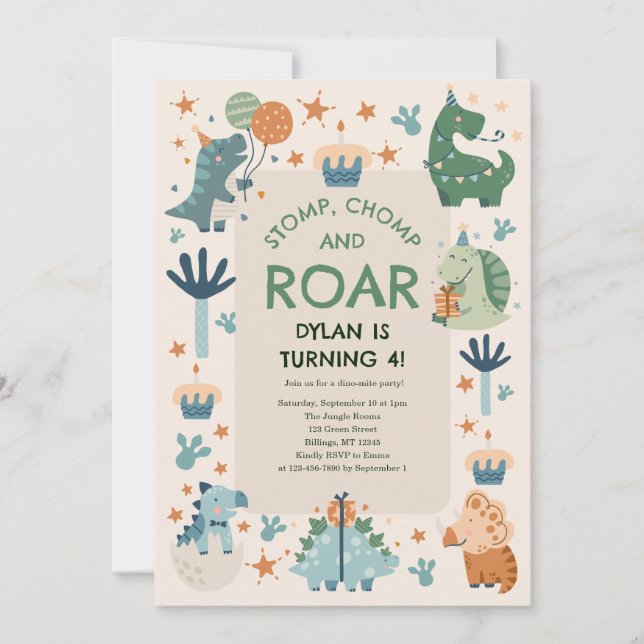 Stomp, Chomp and Roar Dinosaur Kid's Birthday Invitation (Front)