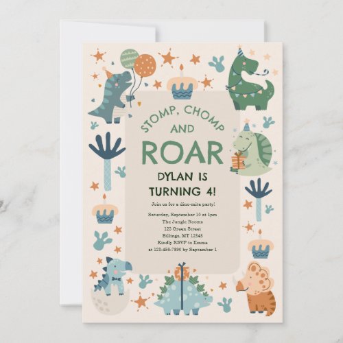 Stomp Chomp and Roar Dinosaur Kids Birthday Invitation