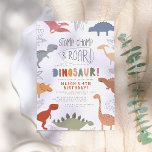 Stomp, Chomp and Roar! Dinosaurs Birthday Party  Invitation<br><div class="desc">Stomp, Chomp and Roar! Let's party like a dinosaur! A perfect way to invite friends to a fun-filled party! Your event details are framed by different dinosaurs in blue, yellow, orange, red, pink, green, gray, and brown. Between the animals are hand-drawn tropical leaves and jungle foliage in a hand-drawn doodle-style....</div>