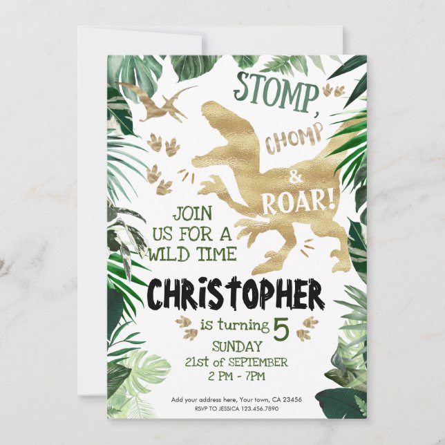 Stomp, Chomp and Roar! Dinosaurs Birthday theme Invitation (Front)