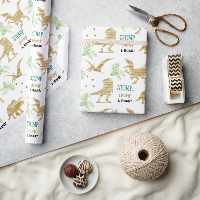 Stomp, Chomp and Roar! Elegant golden Dinosaur Wrapping Paper (Crafts)